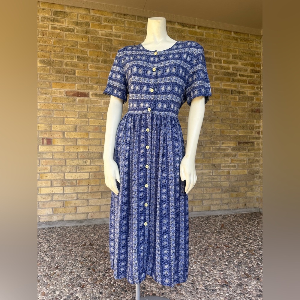Vintage Blue Patterned Midi Button Dress – Sarin New York
